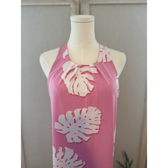 Tori Richard Pink Monstera Leaf Halter Dress Resort Wear Size M - Picture 5 of 9